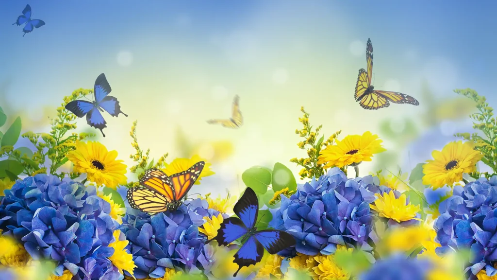 Blue and yellow flowers with butterflies in the background.