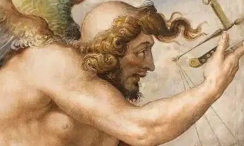 A painting of an angel holding a telescope.